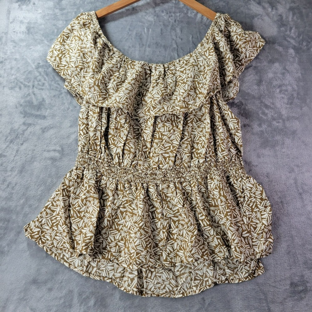 Old Navy Womens 2X Brown White Abstract Print Peplum Top Smocked Boho Feminine